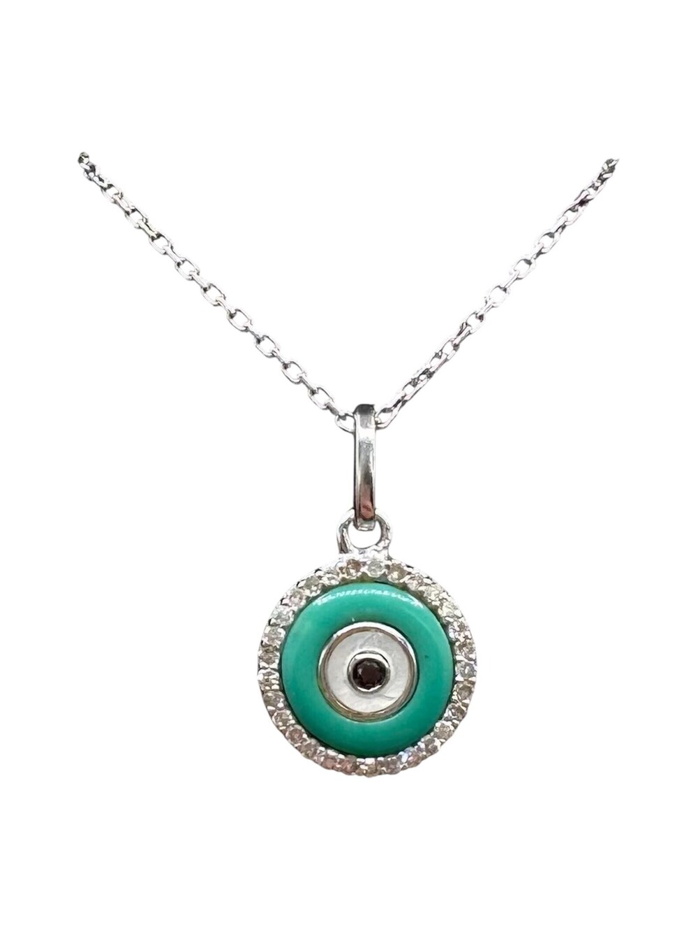 14K White Gold Diamond Evil Eye Necklace 0.10ct Enamel 18.5in